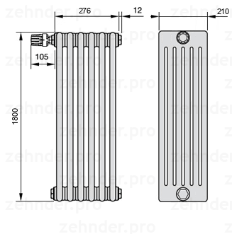 Схема (чертеж) Радиатор Zehnder Charleston 6180/6 №V011 Белый глянцевый RAL 9016